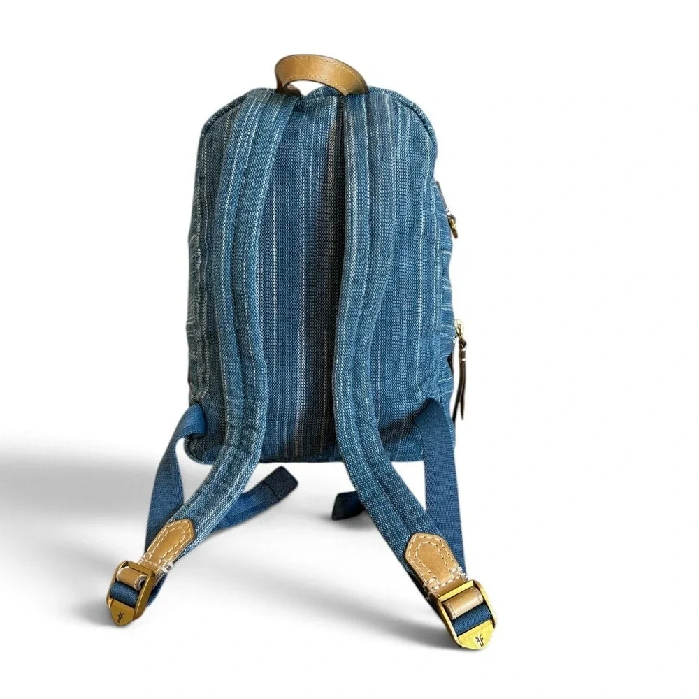 Frye Ivy Mini Backpack Denim Blue Woven Denim Leather Trim Striped Bag